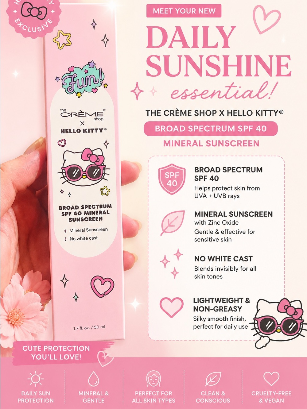 The Crème Shop x Hello Kitty Daily Sunshine Mineral Sunscreen SPF 40 - Pink